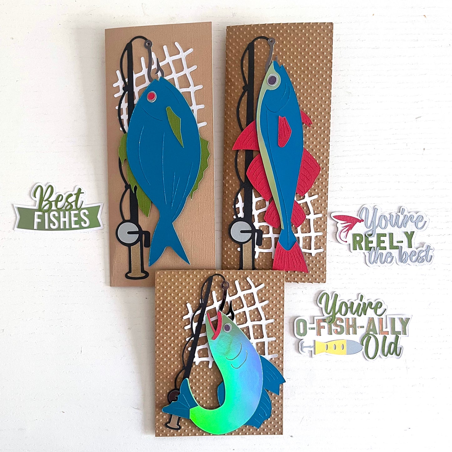 Three fishing themed handmade card SVG files for Cricut and Silhouette